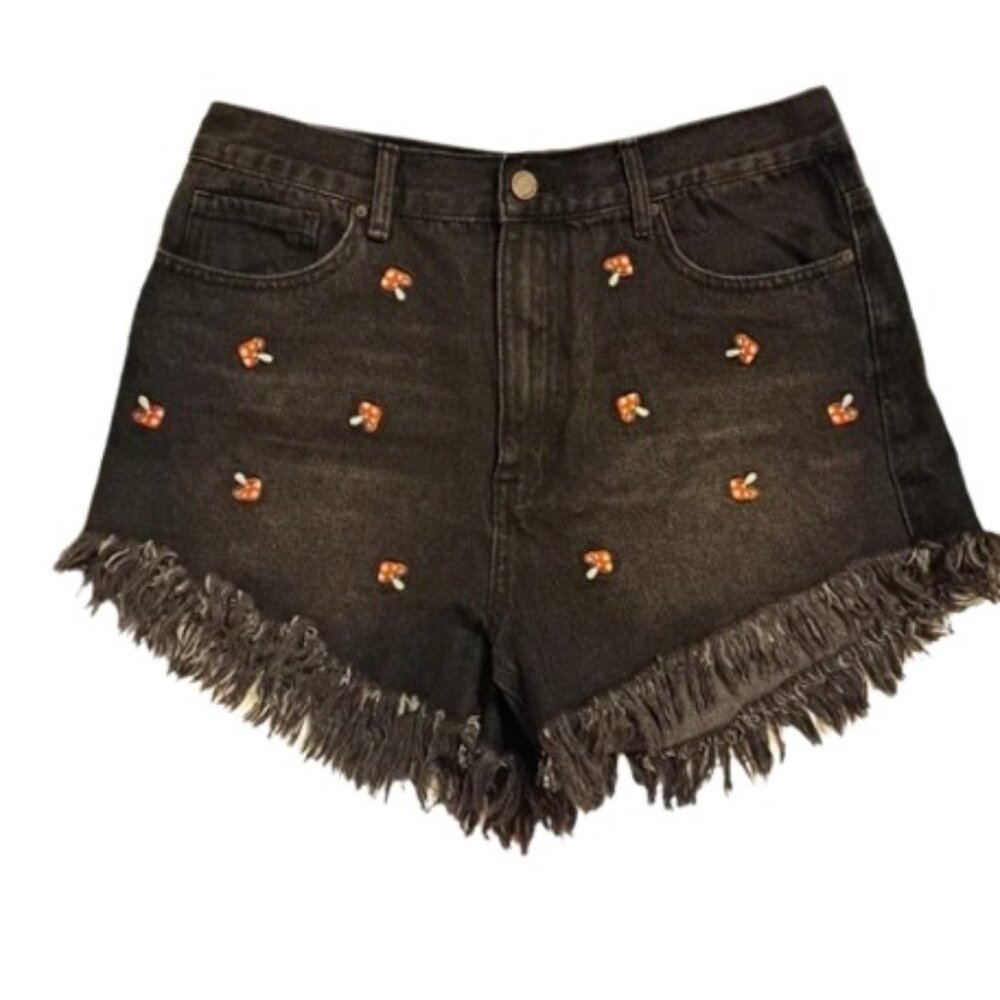 Black Embroidered Fringe Denim Shorts